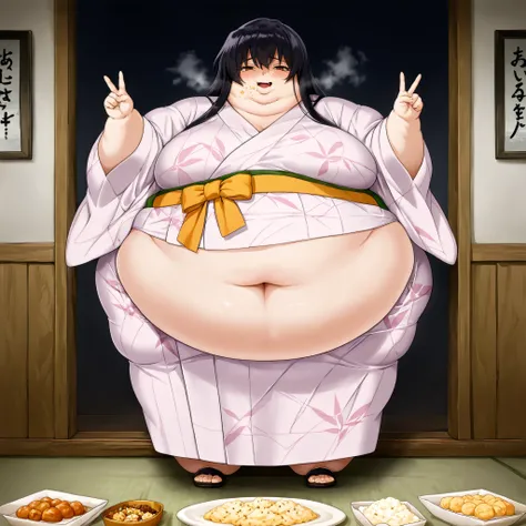 score_9, score_8_up, score_7_up, score_6_up, score_5_up, score_4_up, BREAK, source_anime, 1girl, kagomehigurashi, bangs, black hair, long hair, brown eyes, wearing a kimono
,masterpiece,best quality,amazing quality,bulging belly, fat, chubby, obese, open m...