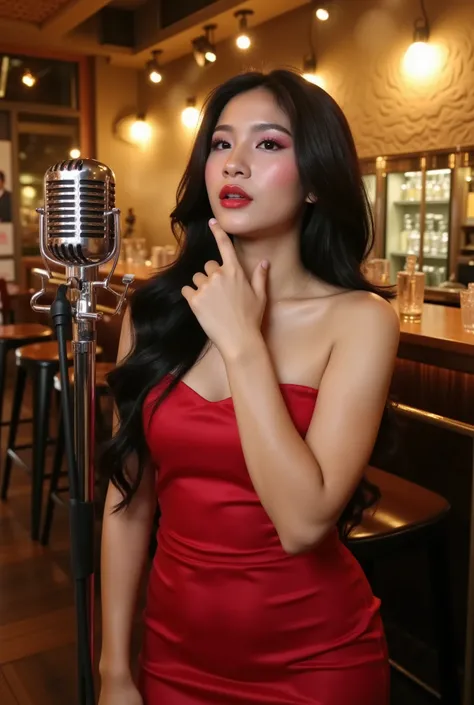 A stunning Indonesian female singer performing in an upscale bar, beautiful black long flowing hair, proportional curvy figure, wearing a glamorous red evening gown that accentuates her curves, standing confidently at a vintage microphone, warm ambient lig...