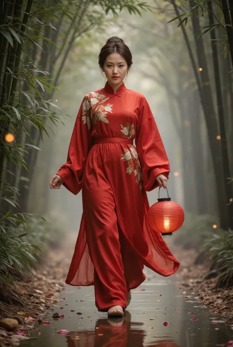 A woman dressed in a striking red traditional Chinese robe, walking gracefully through a serene bamboo forest. The robe is richly decorated with intricate floral patterns, blending shades of red, white, and gold, creating an elegant and refined look. The w...