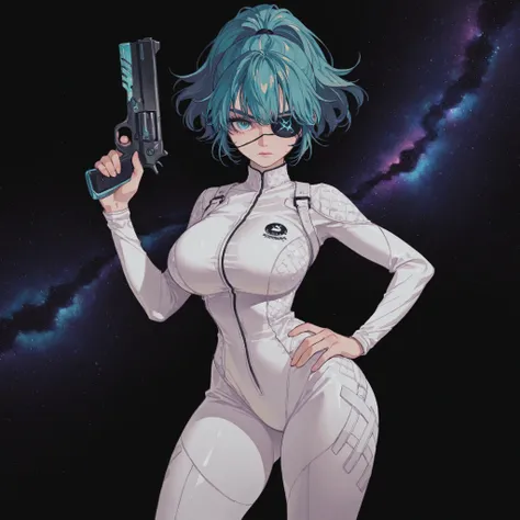 masterpiece, ultra-HD, impressionism, high detail, best quality, very aesthetic, 8K, best quality, beautiful, ultra-high resolution, 32K UHD, 4ki4k4ne_illu, 1girl, solo, short turquoise hair, high ponytail, turquoise eyes, black eyepatch, almond-shaped eye...