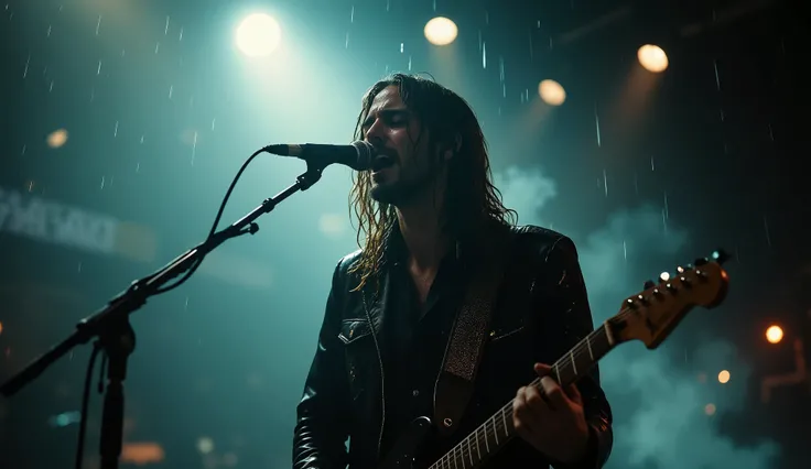 An emotionally powerful and cinematic medium shot of a long-haired young male rockstar standing center-frame in the rain at night, surrounded by soft glowing light that brightens the scene. He faces slightly toward a sleek vintage microphone stand, singing...