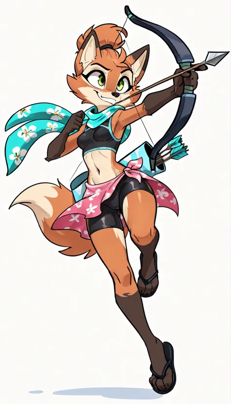 score_9, score_8_up, score_7_up, 1girl, source furry, absurdres, masterpiece, best quality, amazing quality, siroc, solo, fleetfox, furry, fox, orange fur, green eyes, female, short hair, spiky pointed bangs tuft, ((fleetSummer, black tankini, midriff, bla...