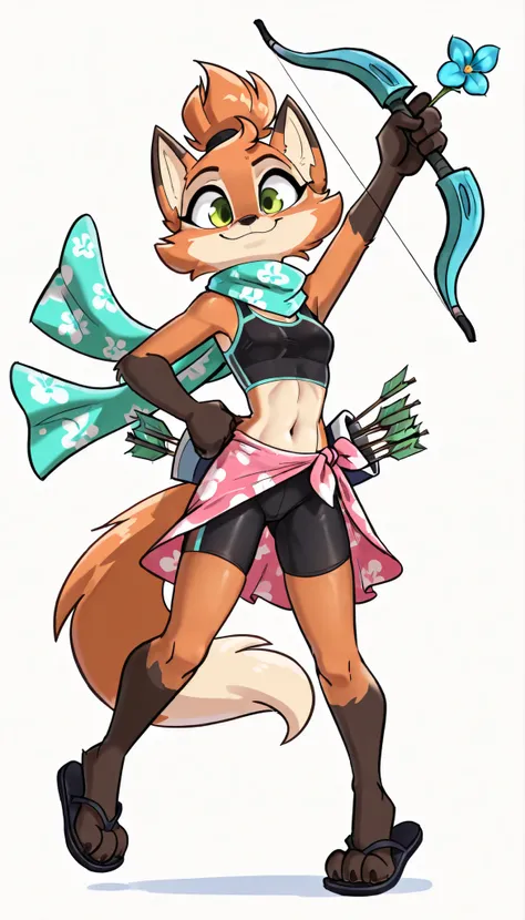 score_9, score_8_up, score_7_up, 1girl, source furry, absurdres, masterpiece, best quality, amazing quality, siroc, solo, fleetfox, furry, fox, orange fur, green eyes, female, short hair, spiky pointed bangs tuft, ((fleetSummer, black tankini, midriff, bla...