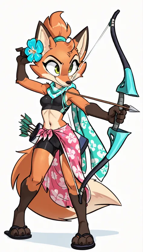 score_9, score_8_up, score_7_up, 1girl, source furry, absurdres, masterpiece, best quality, amazing quality, siroc, solo, fleetfox, furry, fox, orange fur, green eyes, female, short hair, spiky pointed bangs tuft, ((fleetSummer, black tankini, midriff, bla...