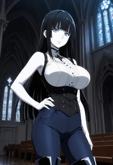1girl , solo, Alone, black hair, straight hair, long hair, straight bangs, pale blue eyes, big breast, white skin, gothic style, anime style, anime capture, outfit with silver finishes, blue pants, dark blue tight pants, black thigh boots, white sleeveless...