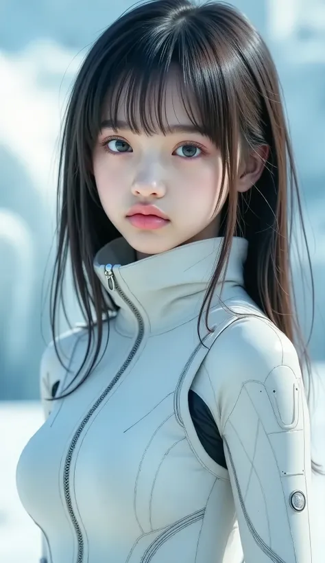 1 girl , Lovely , Ice and Snow World , Alone , skinny , wind , Mech Suit , Full Body , pretty face , is adorned with intricate patterns and delicate lines ,