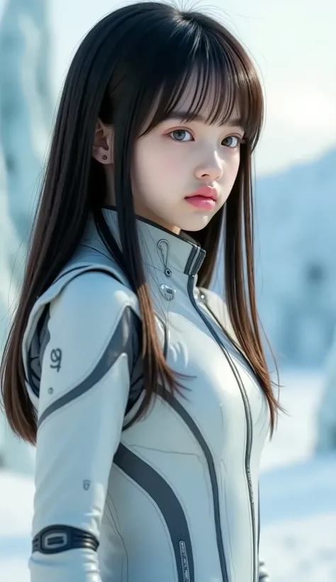 1 girl , Lovely , Ice and Snow World , Alone , skinny , wind , Mech Suit , Full Body , pretty face , is adorned with intricate patterns and delicate lines ,