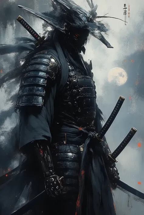 A black ink image of a samurai in ancient Japanese armor from the Sengoku period, standing still in a ready position, eyes full of vigilance, black bamboo shadows cast over the veil of death, a damask steel katana sword glowing with a dark blue paranormal ...