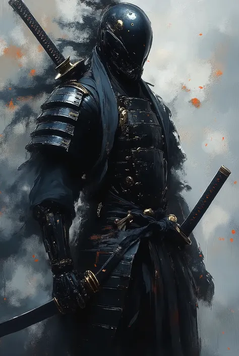 A black ink image of a samurai in ancient Japanese armor from the Sengoku period, standing still in a ready position, eyes full of vigilance, black bamboo shadows cast over the veil of death, a damask steel katana sword glowing with a dark blue paranormal ...