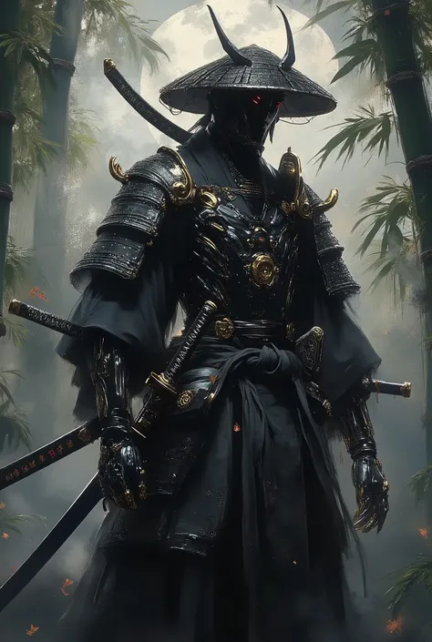 A samurai, the honorary guardian of the Sengoku period, stands gracefully in the ancient bamboo forest, wearing Kito-Gusari armor, in black, and adorned with Maki gold, reflecting the full moon like a spirit mirror, in a Tamahang steel Katana mobile. A tho...