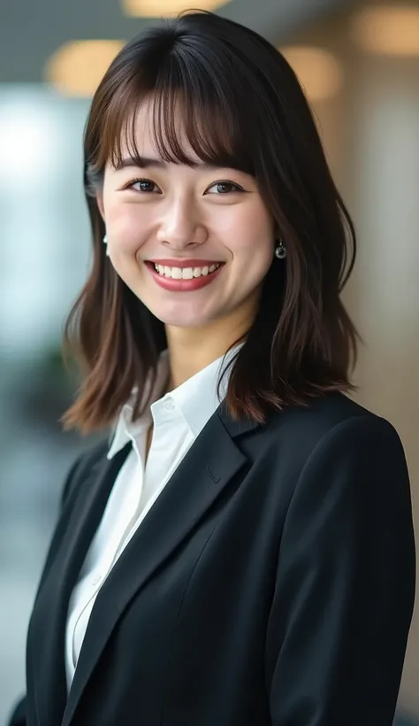 Neat Young Woman、and look at the camera、office lady suit、jacket、shirt、ネックレス、、ear piercing、薄い茶髪、smile showing teeth、背景はオフィス
