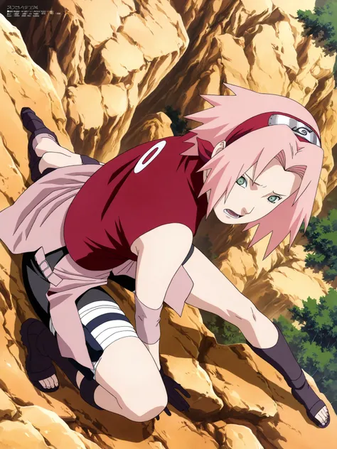 1girl,haruno sakura Kneel down with Spread your legs 180 degrees,Open your mouth and drool, Seductive pose, , BREAK pink hair, short hair, red hairband, green eyes, parted bangs, BREAK red sleeveless minidress, zipper, pink miniskirt, bandaged thigh, BREAK...