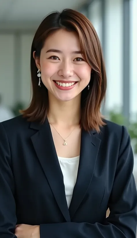 Neat Young Woman、and look at the camera、office lady suit、jacket、shirt、ネックレス、、ear piercing、薄い茶髪、smile showing teeth、背景はオフィス
