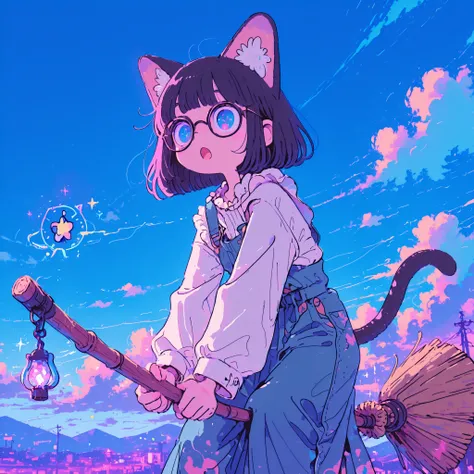 Anime comic style illustrAtion、Cartoon housewife with big eyes and surprised expression,Riding a magic broom,shortcut,Black-rimmed round glasses, The background is blue sky and clouds,Overall pop and comical atmosphere,uses thick outlines and bright colors...