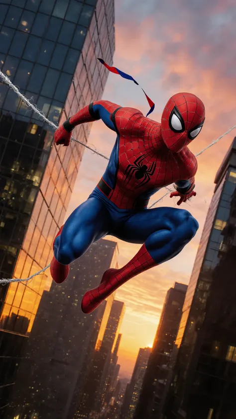 Marvel hero、Spider-Man、Red and Blue Spandex Costume、Muscular Body、Spiderweb Poses、dynamic movement、Skyscraper district、Twilight Sky、orange sunset、Reflective Glass Windows、Acrobatic Posture in the Air、Mask Ribbons Fluttering in the Wind、Spiderweb Shines、bustle of the city、Powerful Composition、motion blur effect、contrast between light and shadow、Ultra High Definition、photorealistic、8k Resolution、Cinematic Points：
- dynamic movementを強調
- 都市の雰囲気を夕暮れ時に設定し、dramatic
- Highlight the expression of cobwebs with light reflections
- To create a cinematic atmosphere、Add Motion Blur