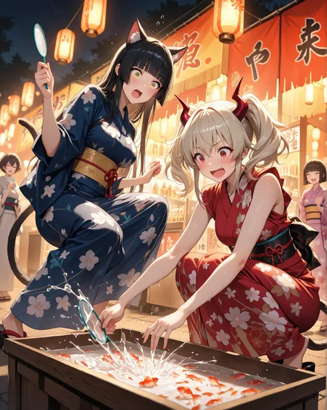 (masterpiece, highest quality, extremely detailed, very aesthetic, high contrast, vibrant colors, highres, absurdres),
 (2girls), summer festival, goldfish scooping stall, (long basin filled with goldfish), (splashing:1.3), jumping goldfish, girl is holdin...