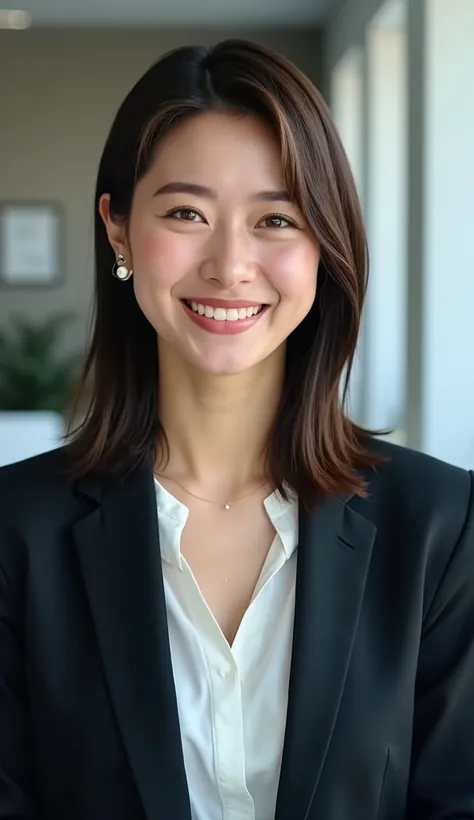 Neat Young Woman、and look at the camera、office lady suit、jacket、shirt、ネックレス、、ear piercing、、smile showing teeth、背景はオフィス
