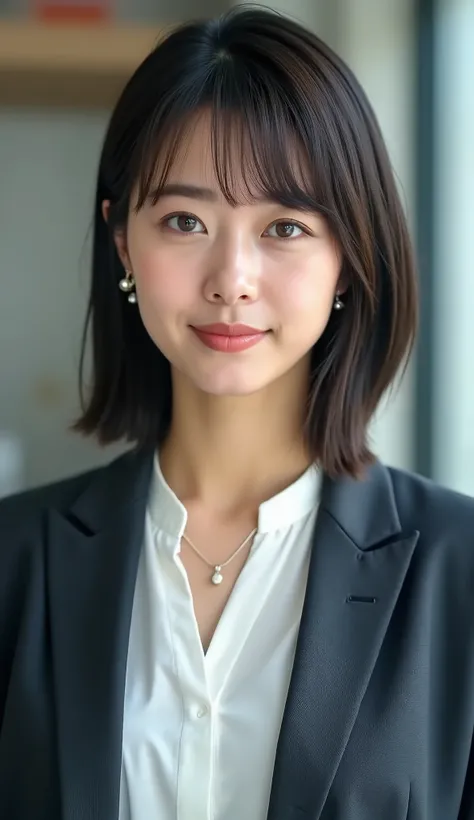 Neat Young Woman、and look at the camera、office lady suit、jacket、shirt、necklace、、ear piercing、No expression、face close-up、The background is office
