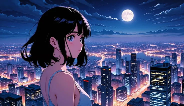 80's retro anime style, beautiful melancholic girl standing in the neon-lit city at night.  
Soft wind blowing through her long hair, wearing a light summer dress or casual city fashion.  
She looks slightly sad, gazing at the glowing moon above skyscraper...