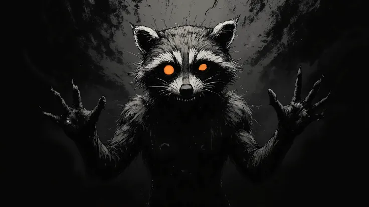 raccoon as a shadow demon, only glowing eyes visible in the darkness, surrounded by smoke and dark mist, horror movie aesthetic, minimalist but terrifying, high contrast, eerie atmosphere, dark surrealism
