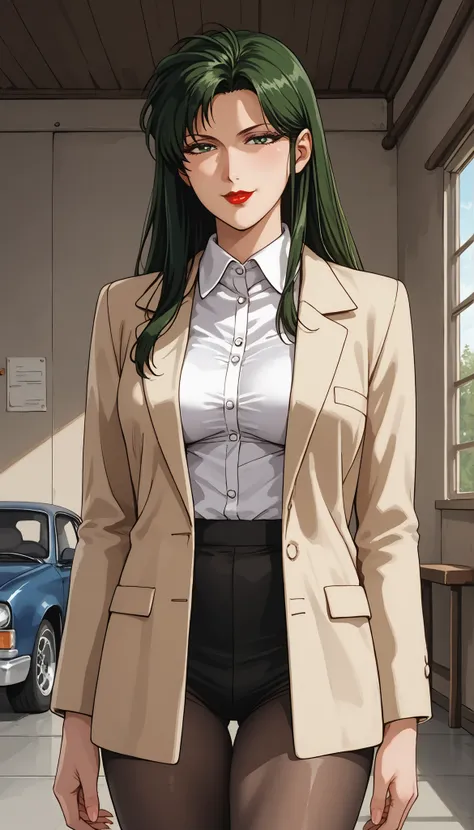 score_9, score_8_up, score_7_up, Room, indoor, garage roof, Mature Woman, lean forward, 魅惑的な笑顔, with her mouth closed, green hair, long hair, dark green eyes, red lips, business suit, medium breasted, standing miniskirt, pantyhose,
