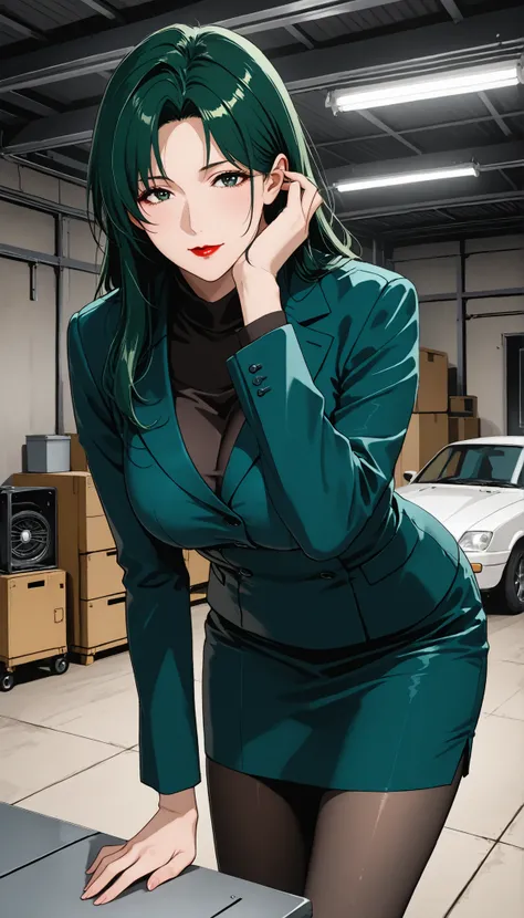 score_9, score_8_up, score_7_up, Room, indoor, garage roof, Mature Woman, lean forward, 魅惑的な笑顔, with her mouth closed, green hair, long hair, dark green eyes, red lips, business suit, medium breasted, standing miniskirt, pantyhose,