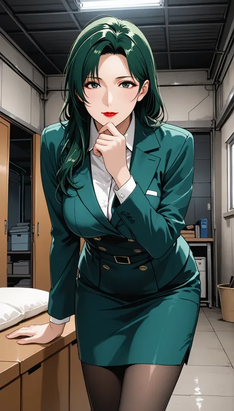 score_9, score_8_up, score_7_up, Room, indoor, garage roof, Mature Woman, lean forward, 魅惑的な笑顔, with her mouth closed, green hair, long hair, dark green eyes, red lips, business suit, medium breasted, standing miniskirt, pantyhose,