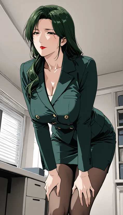 score_9, score_8_up, score_7_up, Room, indoor, garage roof, Mature Woman, lean forward, 魅惑的な笑顔, with her mouth closed, green hair, long hair, dark green eyes, red lips, business suit, medium breasted, standing miniskirt, pantyhose,