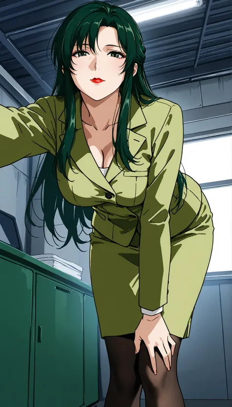 score_9, score_8_up, score_7_up, Room, indoor, garage roof, Mature Woman, lean forward, 魅惑的な笑顔, with her mouth closed, green hair, long hair, dark green eyes, red lips, business suit, medium breasted, standing miniskirt, pantyhose,