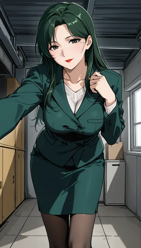 score_9, score_8_up, score_7_up, Room, indoor, garage roof, Mature Woman, lean forward, 魅惑的な笑顔, with her mouth closed, green hair, long hair, dark green eyes, red lips, business suit, medium breasted, standing miniskirt, pantyhose,