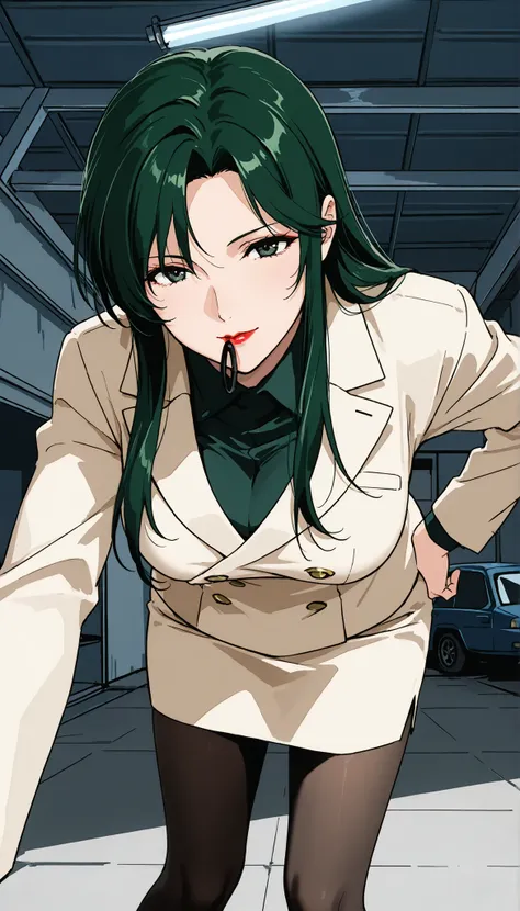 score_9, score_8_up, score_7_up, Room, indoor, garage roof, Mature Woman, lean forward, 魅惑的な笑顔, with her mouth closed, green hair, long hair, dark green eyes, red lips, business suit, medium breasted, standing miniskirt, pantyhose,