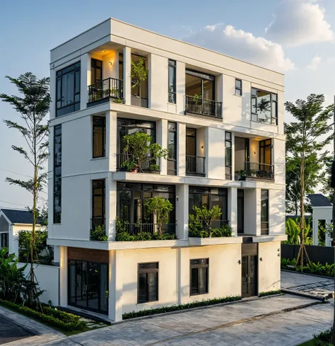 (masterpiece:1.2), best quality, photo of A two-story modern house in VietNam with white walls and dark tiles on the roof., tree and plant environment,daylight, streetcapes, natural light, vivid color, The exterior of an elegant single family home features...