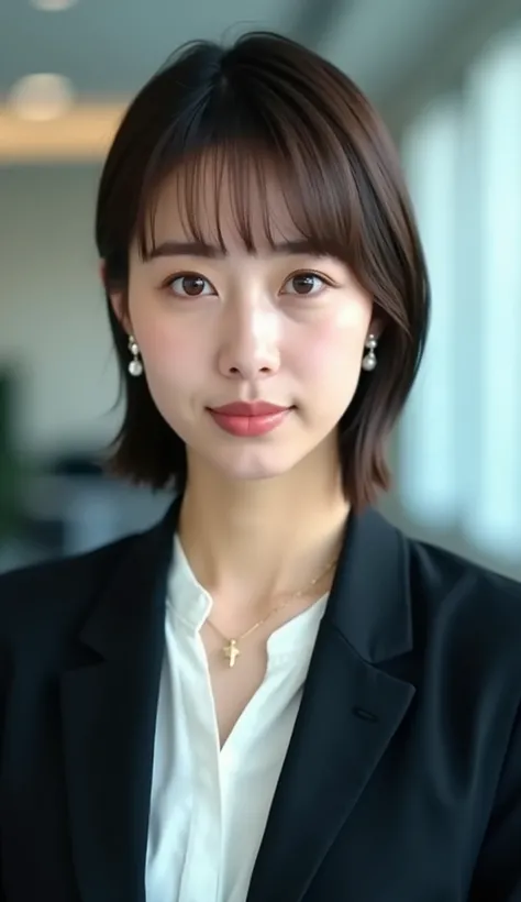 Neat Young Woman、and look at the camera、office lady suit、jacket、shirt、necklace、、ear piercing、No expression、face close-up、The background is office
