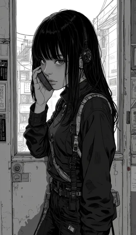 There is a woman talking on a cell phone, Shohei Otomo, style of Hajime Isayama, 白黒comics風, Hajime Isayama, Zui Ishida art manga, urban girl fan art, Tsutomu Nihei style, Cold Hiroe 『black lagoon』comics, Create 、black and white photo-like silhouette,dar...