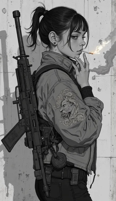 A young woman is standing against a textured concrete wall, casting clear shadows. She has a ponytail、Wears an impressive bomber jacket with intricate horse embroidery in the swirling waves, creates a subtle haze in a monochromatic scene expressed in high-...