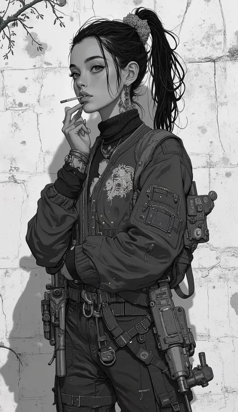 A young woman is standing against a textured concrete wall, casting clear shadows. She has a ponytail、Wears an impressive bomber jacket with intricate horse embroidery in the swirling waves, creates a subtle haze in a monochromatic scene expressed in high-...