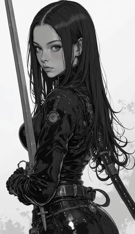 a picture of a woman wearing a black suit and holding a sword, White Masamune, Portrait of a Girl in Ninja Gaiden , inspired by Amano, extremely detailed and exquisite fan art inspired by Yoshitaka Amano, Amano Yoshitaka Character Design, Create , Inspir...