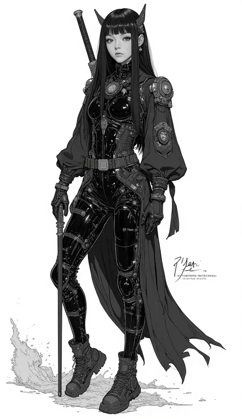 the stylized picture、depicts figures wearing form-fitting clothing, futuristic black bodysuit with reflective surfaces. For a suit、mechanical or technical Circular elements reminiscent of the design are drawn in detail. on the figure , a thin cane or swor...