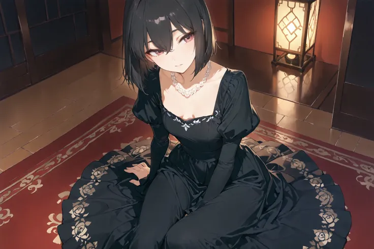 ((Best quality , 8k , Masterpiece:1. 3)) , Highly detailed face and skin texture , (Detailed eyes) , Anime style illustration, peplum skirt with lantern sleeves, open neckline, and beautiful décolleté. Pearl necklace. medium black hair. Sitting upright on ...