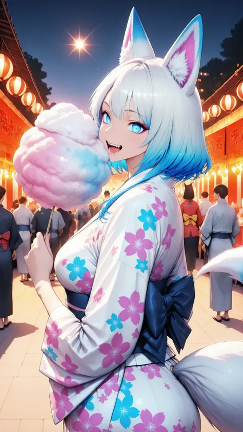 yukiko, A beautiful ghost fox, Girl with fox ears,eating cotton candy deliciously,Summer Festival Scenery,real,high definition down to the smallest detail,4K high definition,ultra-fine texture,photo-like realism, pop,colorful, popアート,bright summer vibe,gor...