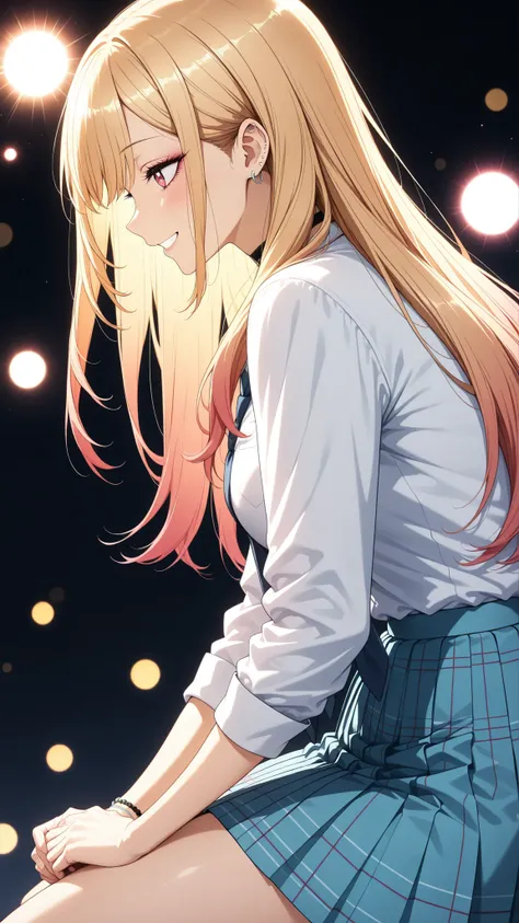 1 woman,  kitagawa marin , are bisque Doll wa koi wo suru, profile, cowboy shot, Lean forward,  Touching Thighs with Both Hands , Emotional, Close Relationship , Sensual, dark background, dramatic lighting, Mysterious Atmosphere, Anime Style Portrait, the ...