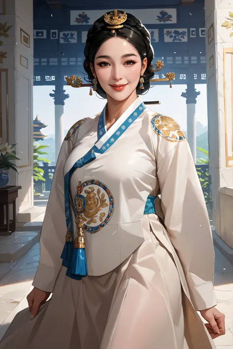 Sexy and Big Breasted Ancient Korean Milf. mature face. black hair. Ancient Korean Palace interior background. smiling expression