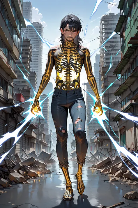 masterpiece, best quality, amazing quality, very aesthetic, high resolution, newest, hyper-detailed, solo, male character, mature man, medium hair, black hair, shirtless, skeleton body painting, full body, fan art, energy blast around him, post apocalyptic...