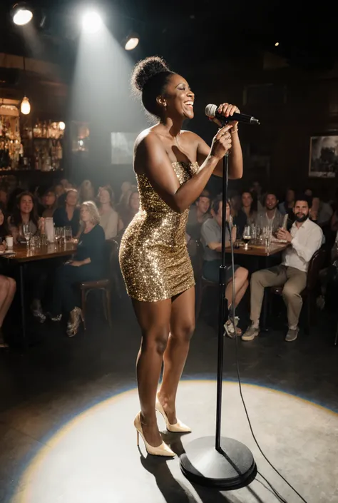 An indoor scene at a bar with a spotlight illuminating a stage. A stunning, mature black woman grins at the crowd. She has smooth, ebony skin and her frizzy hair is tied in a top bun. Standing in a full-body view, legs together, she holds a microphone on i...