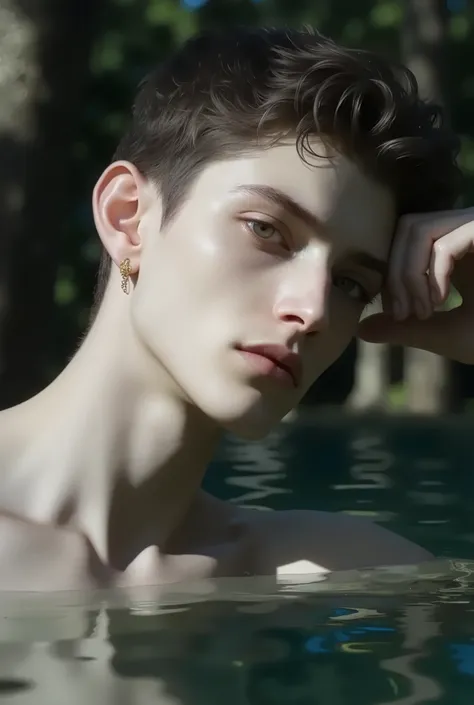 Narcissus as an adolescent Caucasian man, white pale skin , no beard, soft green grey eyes, dark afro expresso hair, face and features soft sculpted lips, well-defined jaws and cheekbones divine beauty , Divine Aura, the edge of a lake in a beautiful fores...