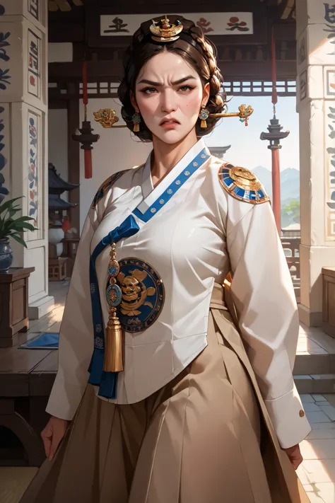 Sexy and Big Breasted Ancient Korean Milf. wrinkle-free face. brown hair. Ancient Korean Palace Interior Background. angry expression