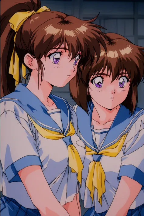 2 girls only,left: Amatsu_Mai, right: Amatsu_Ai, masterpiece,best quality,good quality,general,8k,highres,ultra-detailed,very aesthetic,exquisite,absurdres,depth of field,super detailed skin,shiny skin,best eyes,perfect ,Anime,anime coloring,anime screencap,newest,easynegative,BREAK,Amatsu sisters, left: Mai with bob cut brown hair, purple eyes, right: Ai with high ponytail, purple eyes, matching serafuku uniforms, blue sailor collars, yellow ribbons, 1990s anime style, shrine background, soft lighting, detailed eyes, classic anime shading, nostalgic atmosphere,