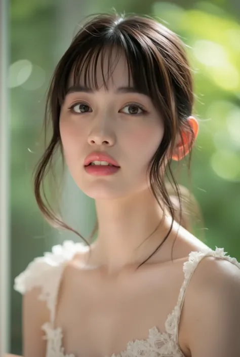 Beautiful woman with high iridescent green eyes, laughing happily, cian hair, happy Expression Beautiful Woman with Elegant and Modest Expression, eyes tinged with melancholy, Delicate Faces, looks glad, Hime cut, bangs, Premium High Quality, Photographer...