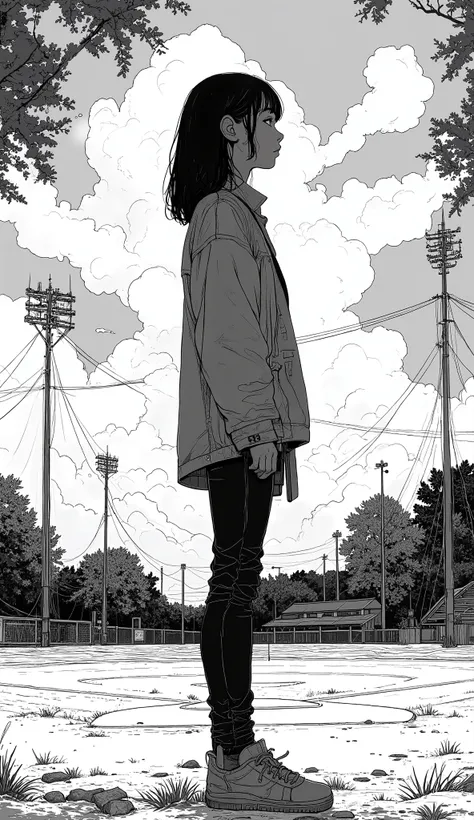 cartoon picture of a girl standing in front of a baseball field, Kentaro Miura styleマンガスタイル, Miura Kentaro manga style , Miura Kentaro manga style , Black and white manga panel, Tsutomu Nihei style, Kentaro Miura style, black and white manga page, By Nak...