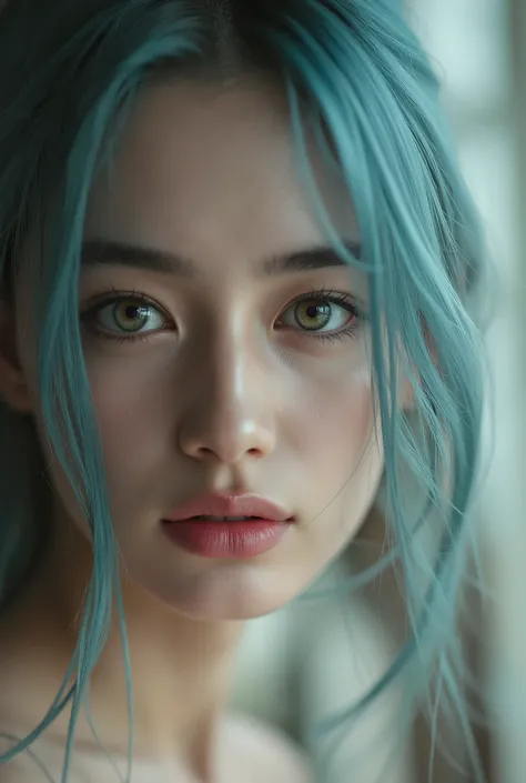 Beautiful woman with high iridescent green eyes, laughing happily, cian blue hair, happy Expression Beautiful Woman with Elegant and Modest Expression, eyes tinged with melancholy, Delicate Faces, looks glad, Hime cut, bangs, Premium High Quality, Photogr...